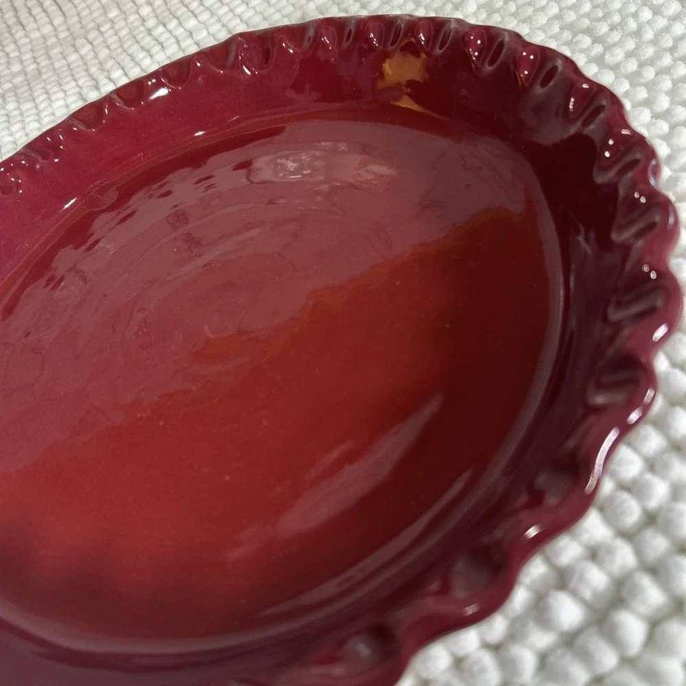 Bybee Pottery Burgundy Red Scalloped Rim Ceramic Pie Dish Signed BB Handmade KY